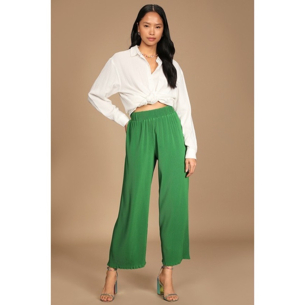 Lulus Spring Me Along Green Plisse High-waisted Pants - Size S